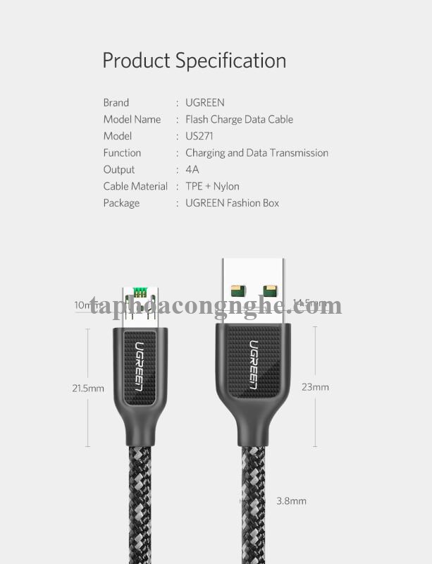 Ugreen 50380 0.5M màu Đen Cáp sạc truyền dữ liệu USB 2.0 sang MICRO USB 4A võ hợp kim kẽm US271 30050380